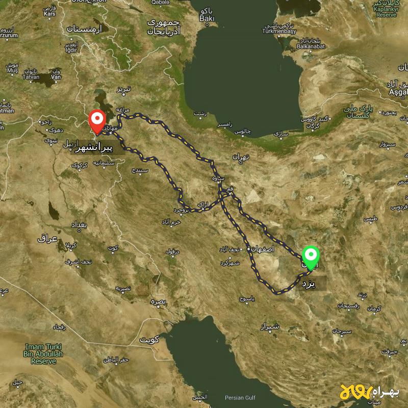 مسافت و فاصله پیرانشهر - آذربایجان غربی تا یزد از ۳ مسیر - اردیبهشت ۱۴۰۳