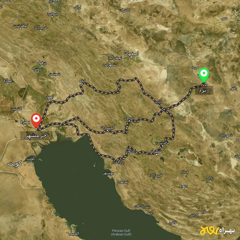 مسافت و فاصله خرمشهر - خوزستان تا یزد از ۳ مسیر - اردیبهشت ۱۴۰۳