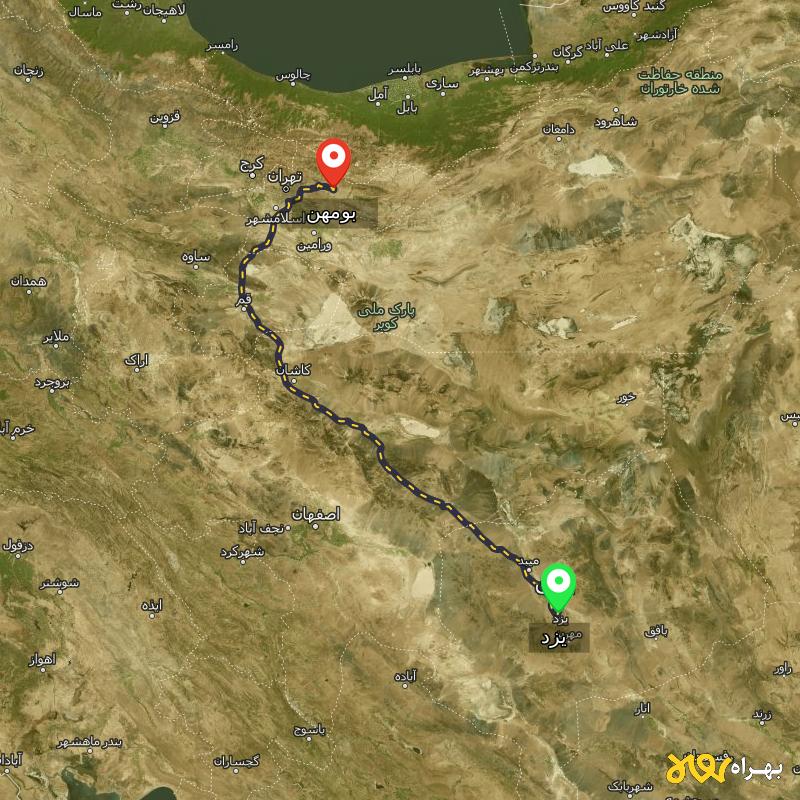 مسافت و فاصله بومهن - تهران تا یزد - آذر ۱۴۰۳