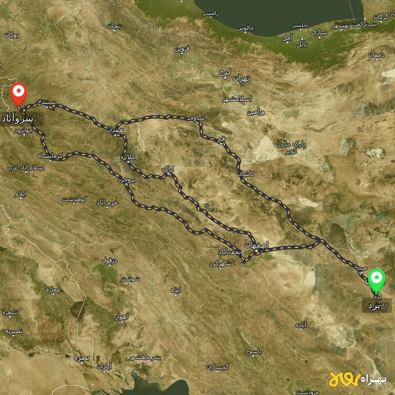 مسافت و فاصله سروآباد - کردستان تا یزد از ۳ مسیر - بهمن ۱۴۰۳
