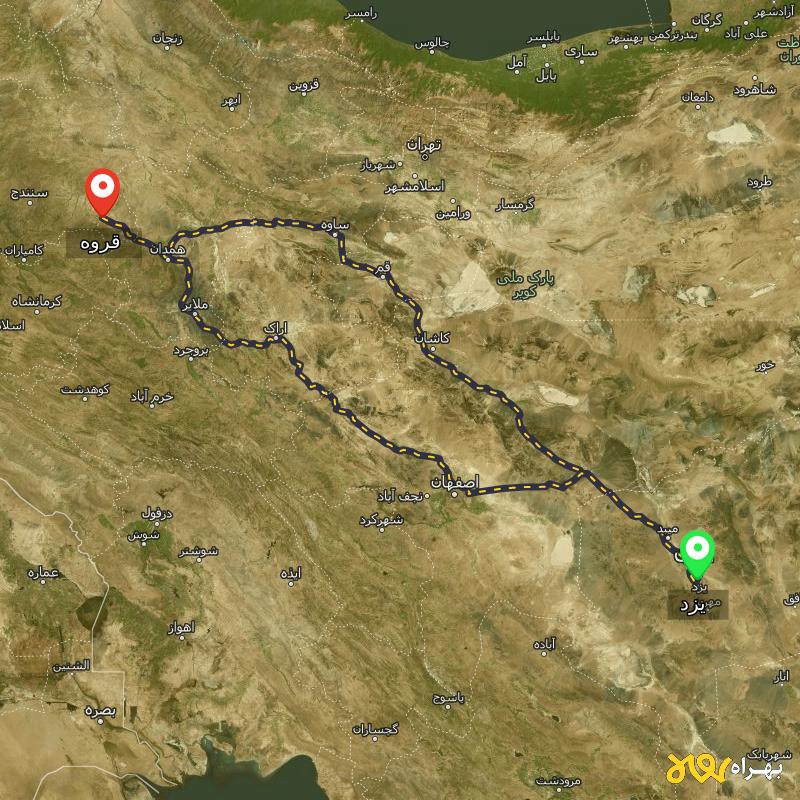 مسافت و فاصله قروه - کردستان تا یزد از 2 مسیر - مسیریاب بهراه