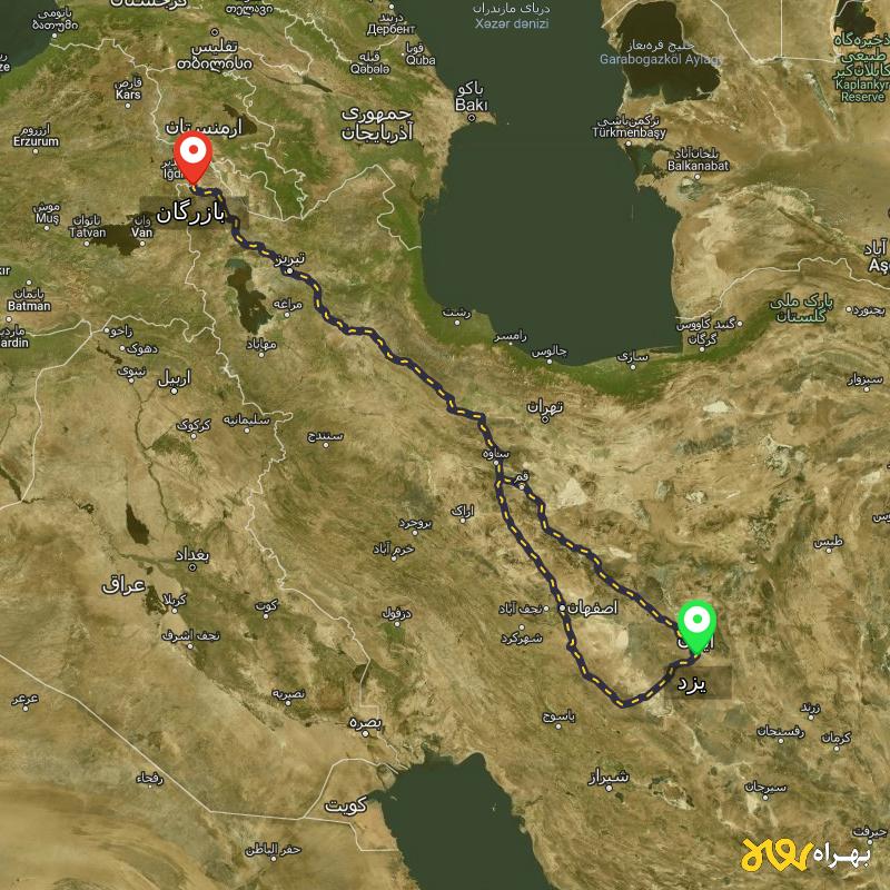 مسافت و فاصله بازرگان - آذربایجان غربی تا یزد از ۲ مسیر - اردیبهشت ۱۴۰۳