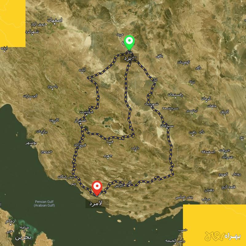 مسافت و فاصله لامرد - فارس تا یزد از ۳ مسیر - اردیبهشت ۱۴۰۳