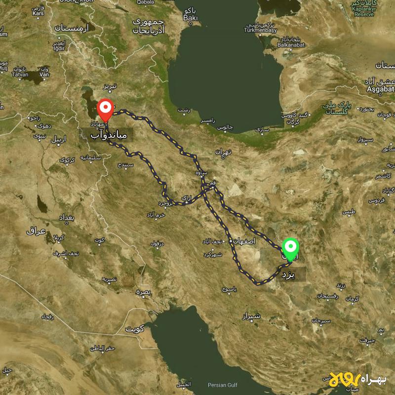 مسافت و فاصله میاندوآب - آذربایجان غربی تا یزد از 3 مسیر - مسیریاب بهراه