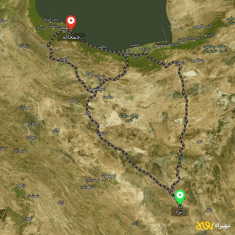 مسافت و فاصله چمخاله - گیلان تا یزد از ۳ مسیر - اردیبهشت ۱۴۰۳