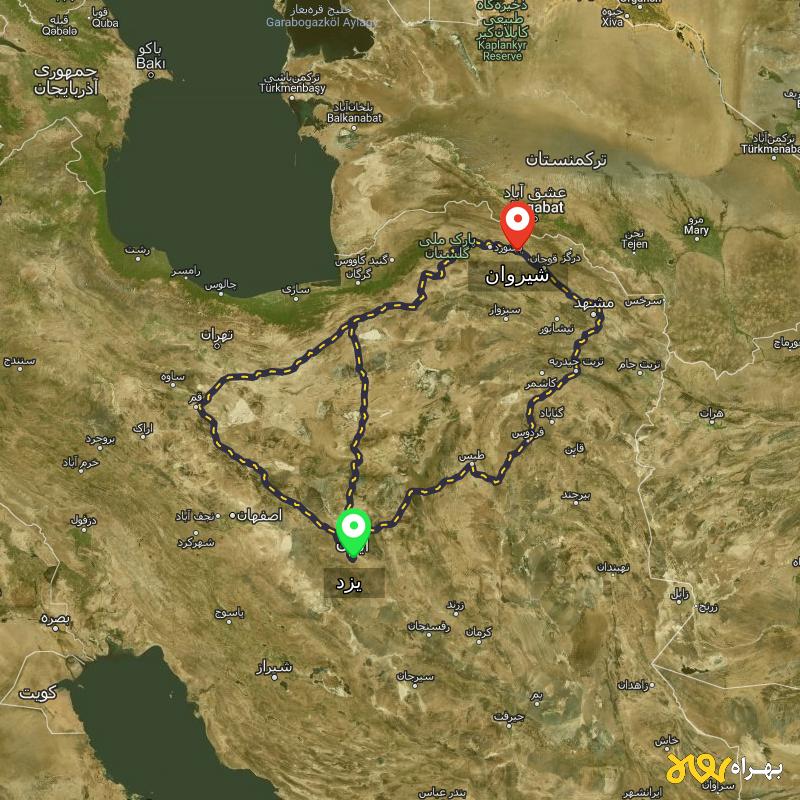 مسافت و فاصله شیروان - خراسان شمالی تا یزد از 3 مسیر - مسیریاب بهراه