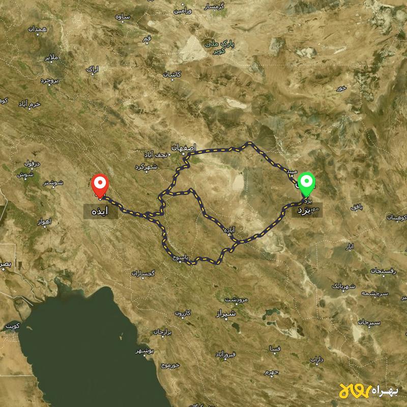 مسافت و فاصله ایذه - خوزستان تا یزد از 3 مسیر - مسیریاب بهراه