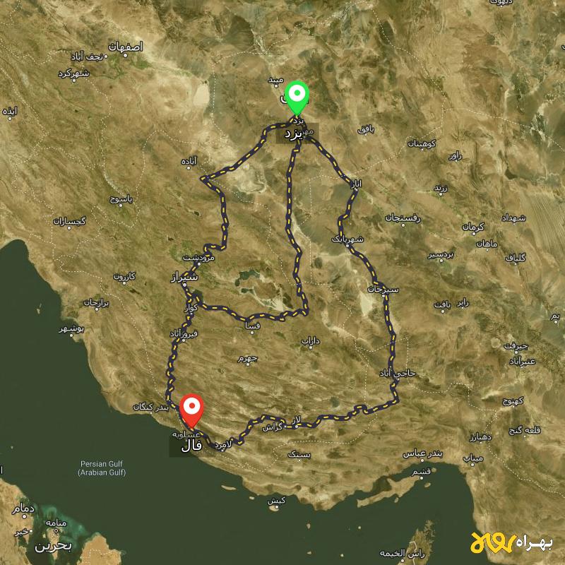 مسافت و فاصله فال - فارس تا یزد از ۳ مسیر - آبان ۱۴۰۳