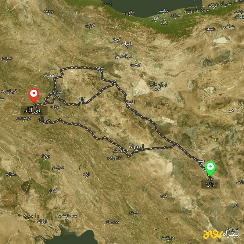 مسافت و فاصله نورآباد - لرستان تا یزد از ۳ مسیر - آذر ۱۴۰۳