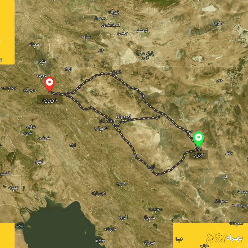 مسافت و فاصله دورود - لرستان تا یزد از ۳ مسیر - اردیبهشت ۱۴۰۳