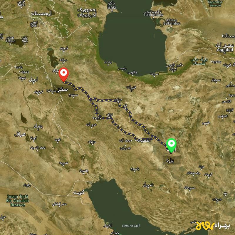 مسافت و فاصله سقز - کردستان تا یزد از ۲ مسیر - مرداد ۱۴۰۳