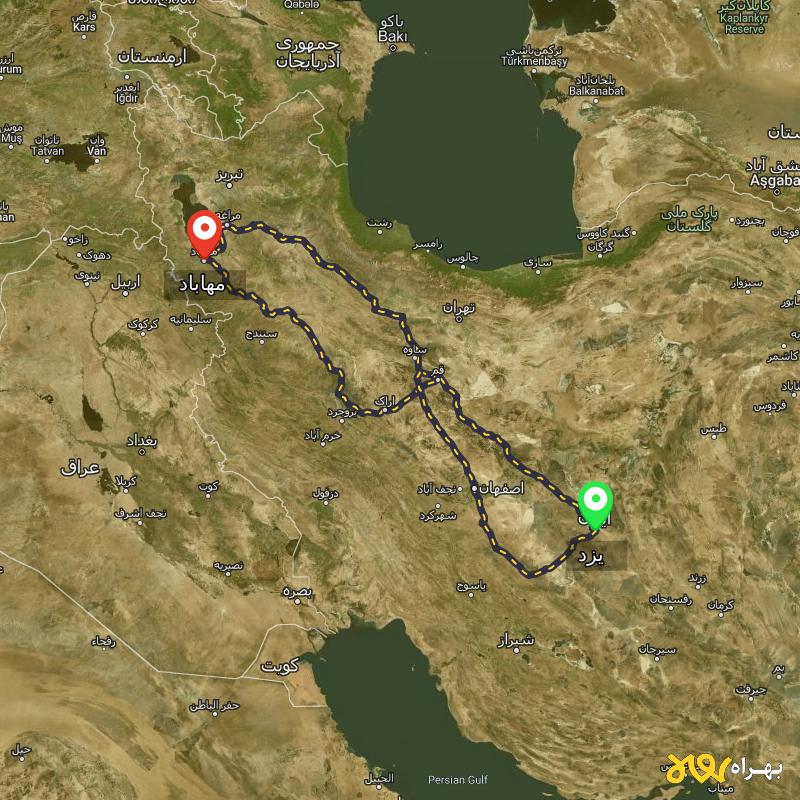 مسافت و فاصله مهاباد - آذربایجان غربی تا یزد از ۳ مسیر - اردیبهشت ۱۴۰۳