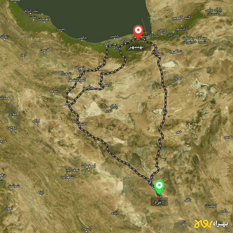 مسافت و فاصله بهشهر - مازندران تا یزد از 3 مسیر - مسیریاب بهراه