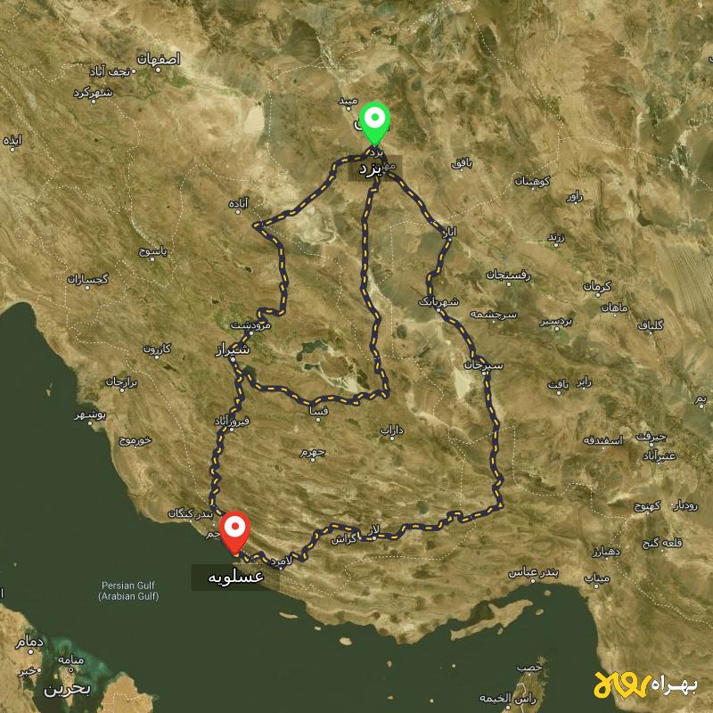مسافت و فاصله عسلویه - بوشهر تا یزد از 3 مسیر - مسیریاب بهراه