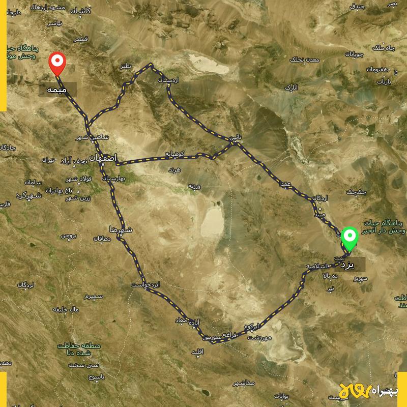 مسافت و فاصله میمه - اصفهان تا یزد از ۳ مسیر - آذر ۱۴۰۳