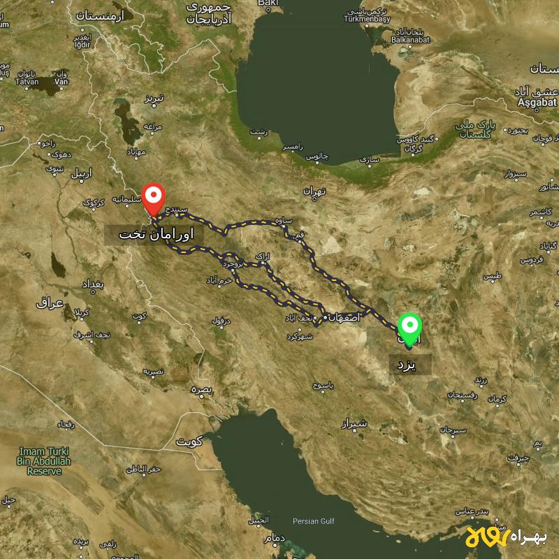 مسافت و فاصله اورامان تخت - کردستان تا یزد از ۳ مسیر - آذر ۱۴۰۳