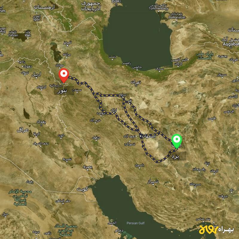 مسافت و فاصله ننور - کردستان تا یزد از ۳ مسیر - مهر ۱۴۰۳