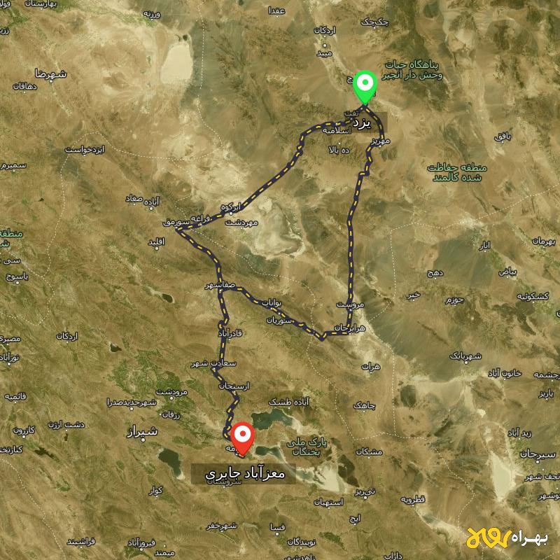 مسافت و فاصله معزآباد جابری - فارس تا یزد از ۲ مسیر - شهریور ۱۴۰۳