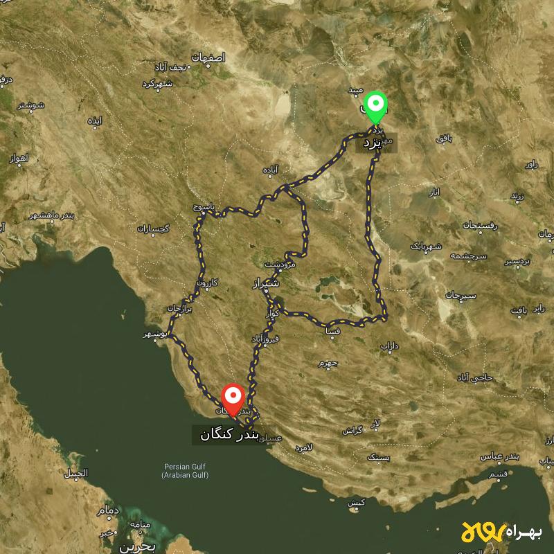 مسافت و فاصله بندر کنگان - بوشهر تا یزد از ۳ مسیر - بهمن ۱۴۰۳