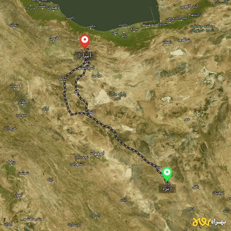 مسافت و فاصله آسارا - البرز تا یزد از ۲ مسیر - مرداد ۱۴۰۳