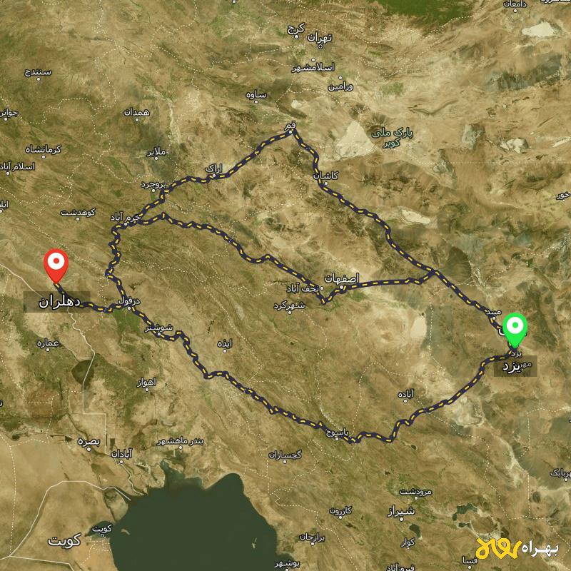مسافت و فاصله دهلران - ایلام تا یزد از ۳ مسیر - آذر ۱۴۰۳