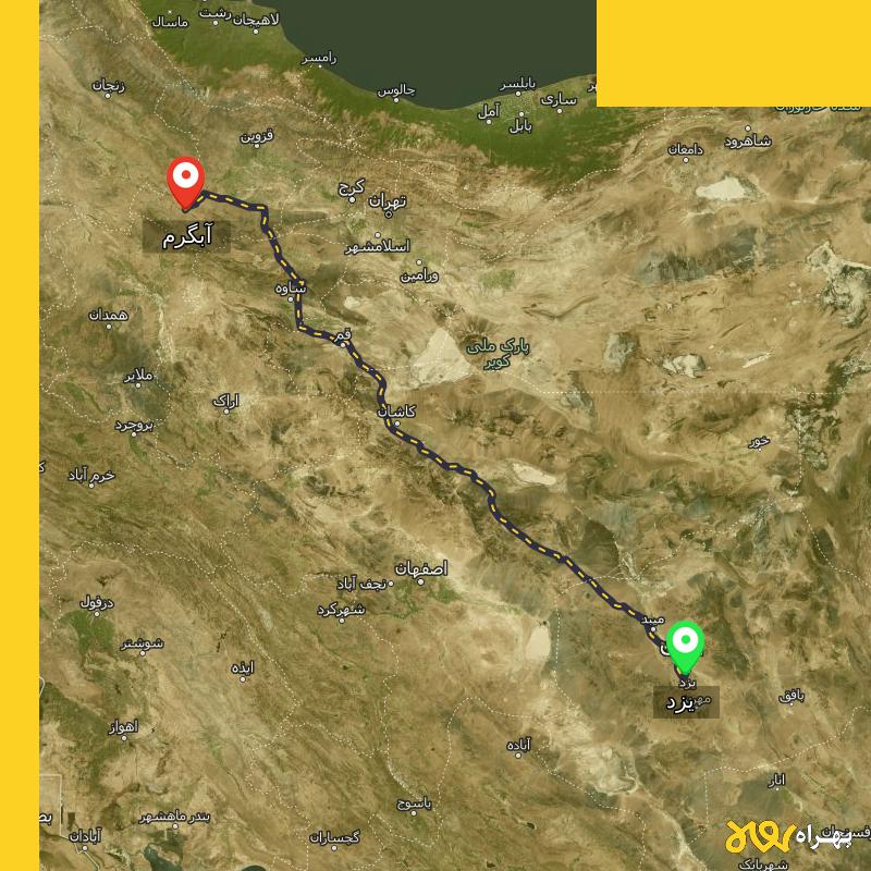 مسافت و فاصله آبگرم - قزوین تا یزد - دی ۱۴۰۳