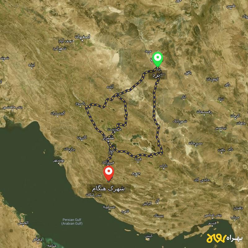 مسافت و فاصله شهرک هنگام - فارس تا یزد از ۳ مسیر - مرداد ۱۴۰۳