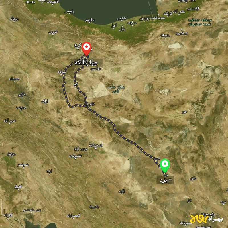 مسافت و فاصله چهاردانگه - تهران تا یزد از ۲ مسیر - بهمن ۱۴۰۳