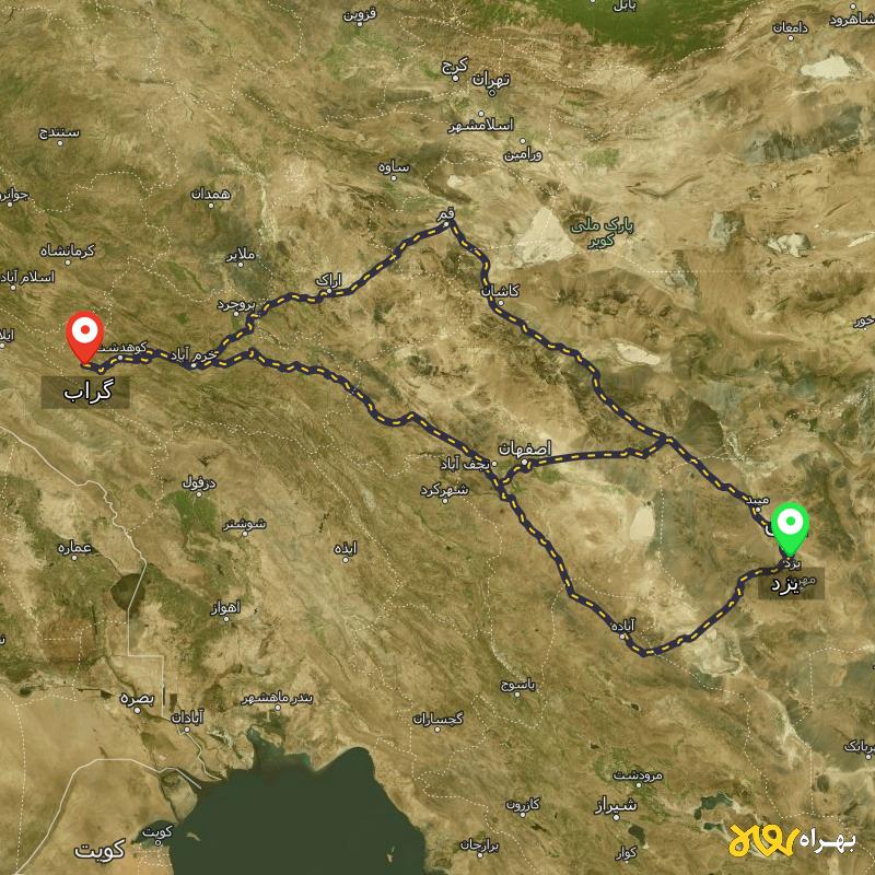 مسافت و فاصله گراب - لرستان تا یزد از ۳ مسیر - شهریور ۱۴۰۳