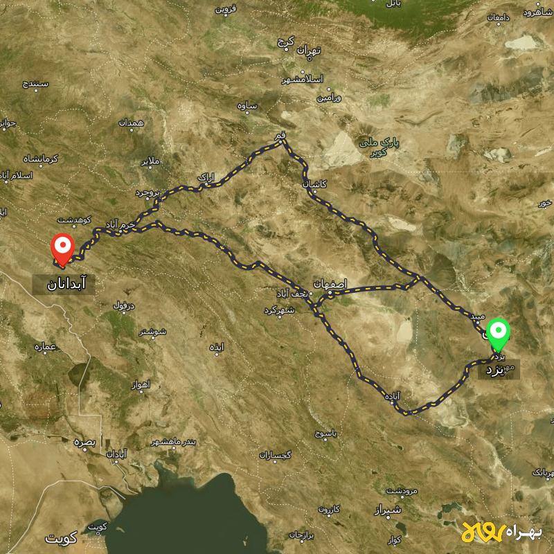 مسافت و فاصله آبدانان - ایلام تا یزد از ۳ مسیر - دی ۱۴۰۳