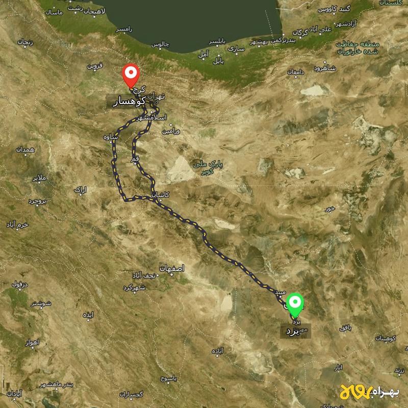 مسافت و فاصله کوهسار تا یزد از ۲ مسیر - مرداد ۱۴۰۳