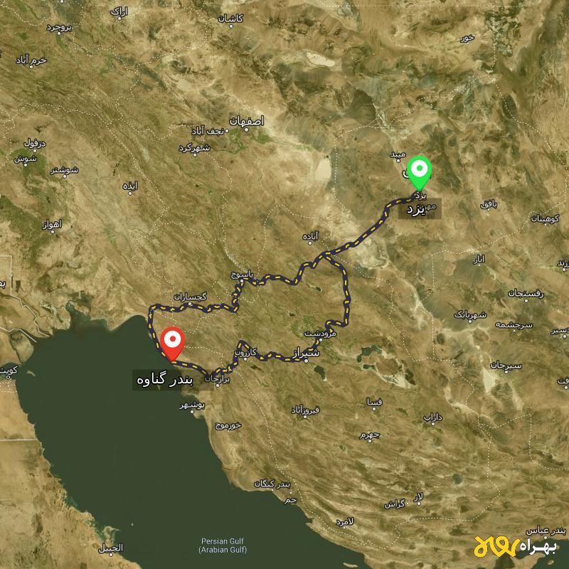 مسافت و فاصله بندر گناوه - بوشهر تا یزد از 2 مسیر - مسیریاب بهراه