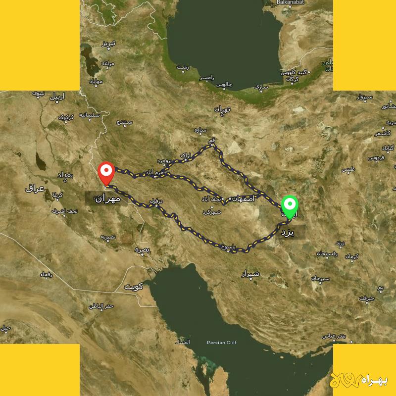 مسافت و فاصله مهران - ایلام تا یزد از 3 مسیر - مسیریاب بهراه