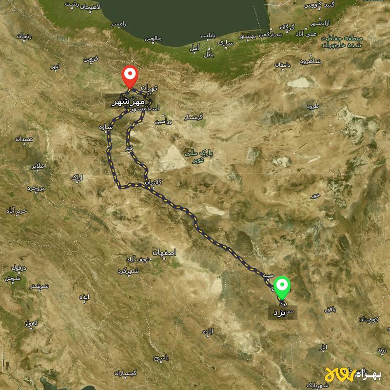 مسافت و فاصله مهرشهر - کرج تا یزد از ۲ مسیر - اردیبهشت ۱۴۰۳