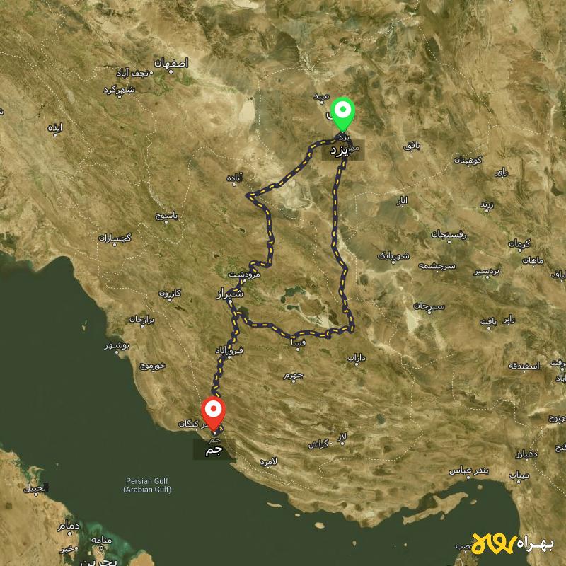 مسافت و فاصله جم - بوشهر تا یزد از ۲ مسیر - اردیبهشت ۱۴۰۳