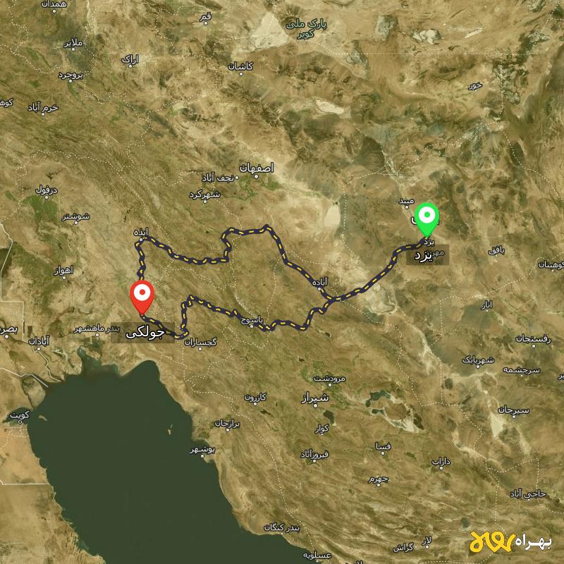 مسافت و فاصله جولکی - خوزستان تا یزد از ۲ مسیر - مرداد ۱۴۰۳