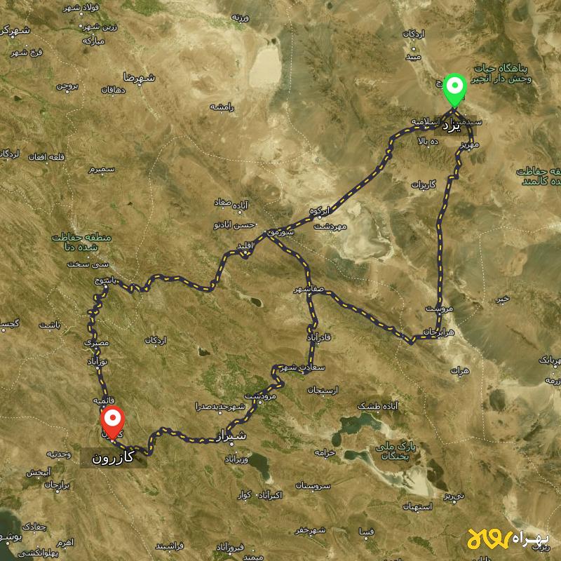 مسافت و فاصله کازرون - فارس تا یزد از ۳ مسیر - اردیبهشت ۱۴۰۳
