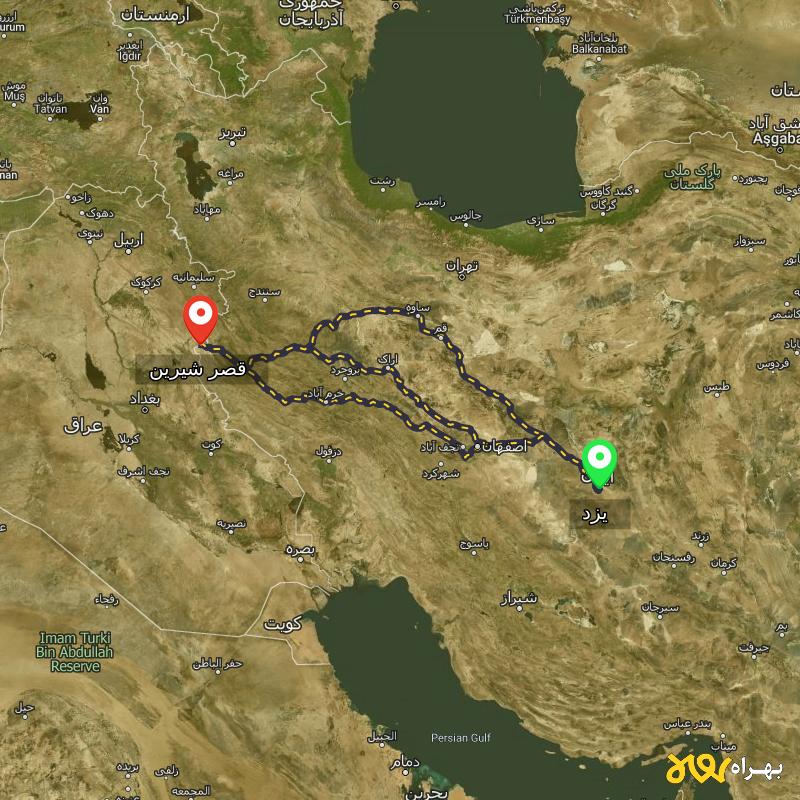 مسافت و فاصله قصر شیرین - کرمانشاه تا یزد از ۳ مسیر - بهمن ۱۴۰۳