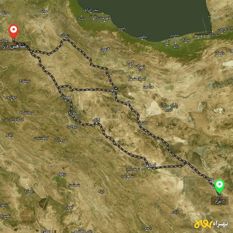 مسافت و فاصله شاهین دژ - آذربایجان غربی تا یزد از ۳ مسیر - دی ۱۴۰۳