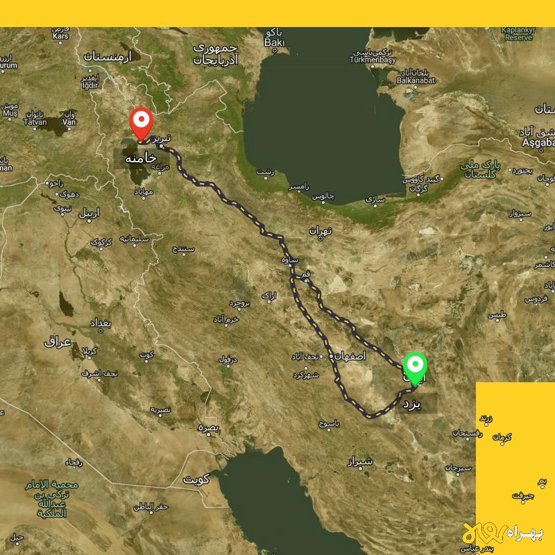 مسافت و فاصله خامنه - آذربایجان شرقی تا یزد از ۲ مسیر - آذر ۱۴۰۳