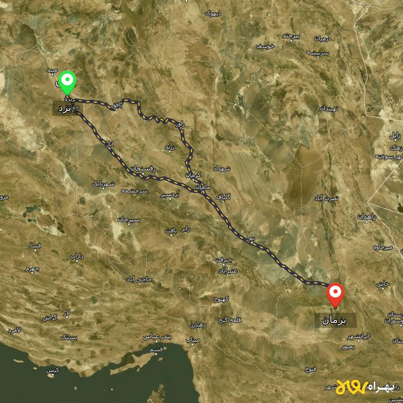 مسافت و فاصله بزمان - سیستان و بلوچستان تا یزد از ۲ مسیر - مرداد ۱۴۰۳