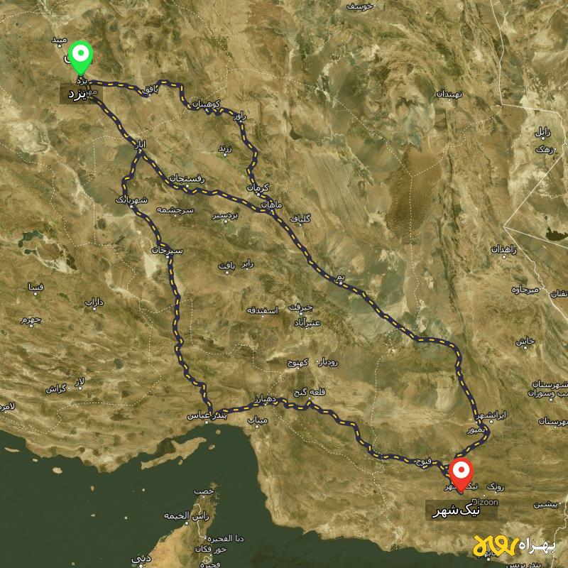مسافت و فاصله نیک‌شهر - سیستان و بلوچستان تا یزد از 3 مسیر - مسیریاب بهراه