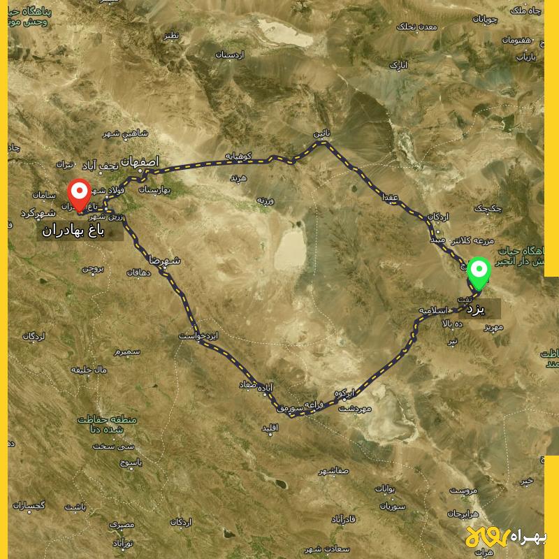 مسافت و فاصله باغ بهادران - اصفهان تا یزد از ۲ مسیر - آذر ۱۴۰۳