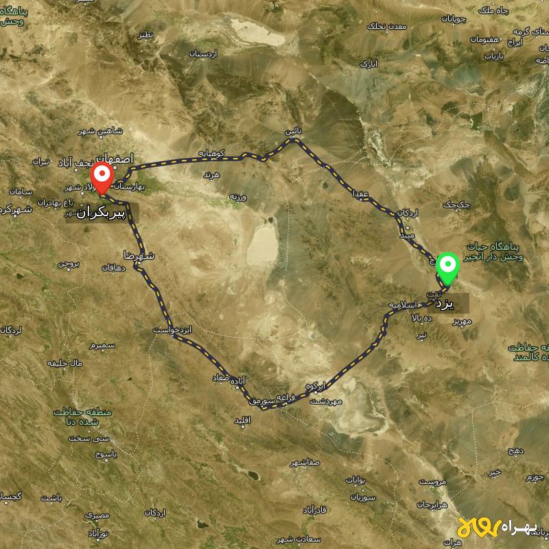 مسافت و فاصله پیربکران - اصفهان تا یزد از ۲ مسیر - آذر ۱۴۰۳