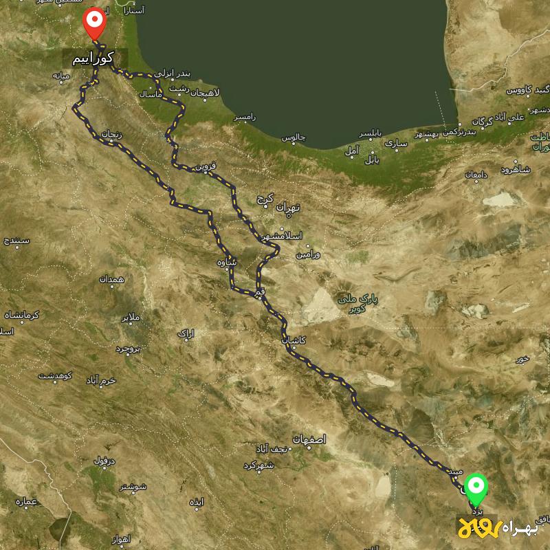 مسافت و فاصله کوراییم - اردبیل تا یزد از ۲ مسیر - آذر ۱۴۰۳