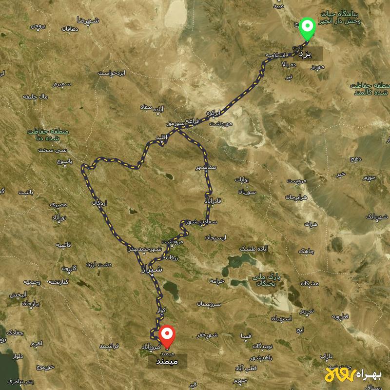 مسافت و فاصله میمند - فارس تا یزد از ۲ مسیر - آذر ۱۴۰۳