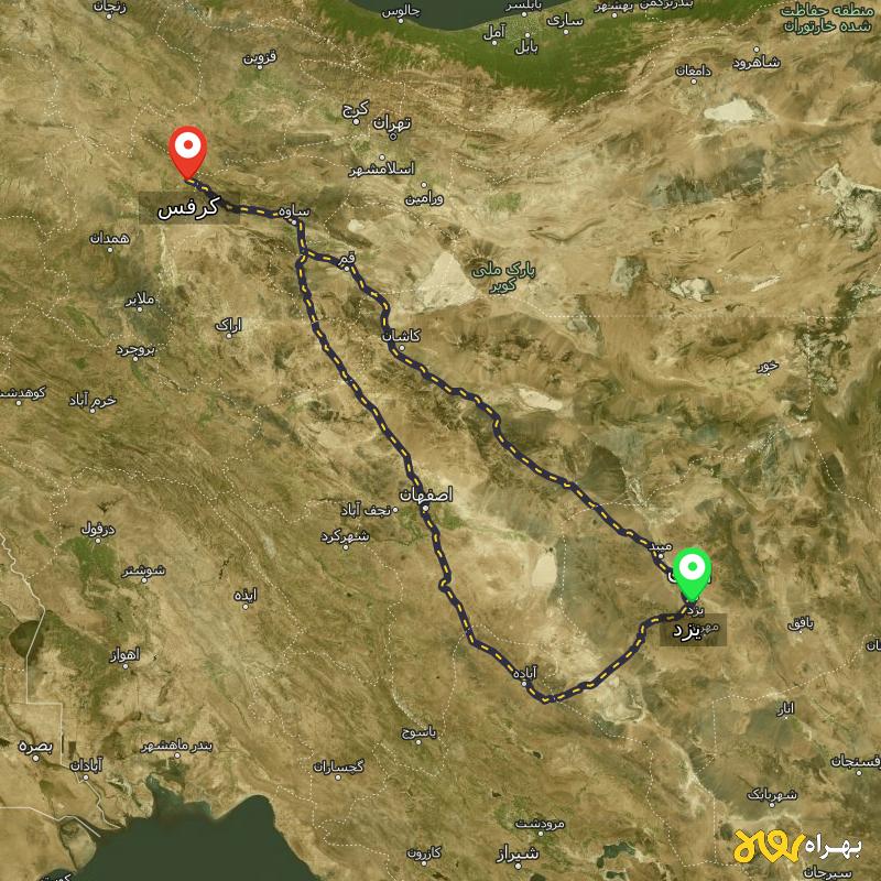 مسافت و فاصله کرفس - همدان تا یزد از ۲ مسیر - آذر ۱۴۰۳