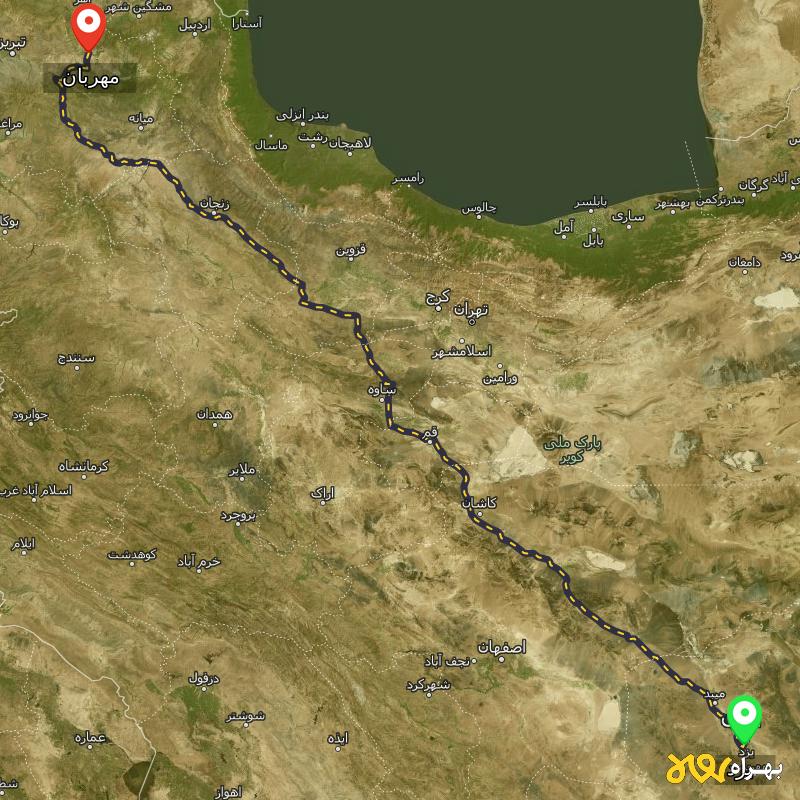 مسافت و فاصله مهربان - آذربایجان شرقی تا یزد - مهر ۱۴۰۳