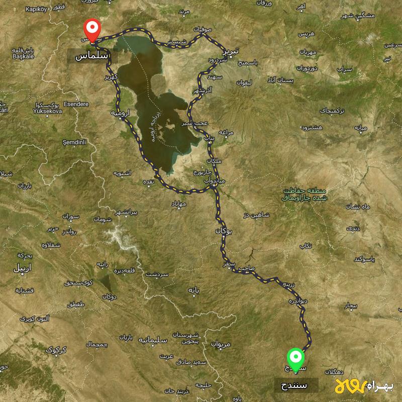 مسافت و فاصله سلماس - آذربایجان غربی تا سنندج از ۲ مسیر - مرداد ۱۴۰۳