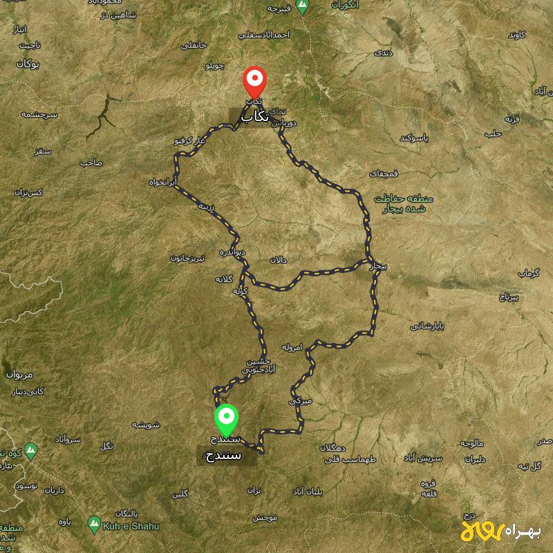 مسافت و فاصله تکاب - آذربایجان غربی تا سنندج از ۳ مسیر - مرداد ۱۴۰۳